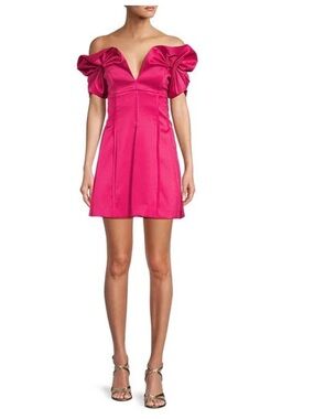 NWT Antonio Melani Adina Textured Satin V Neck Puff Sleeve Mini Dress